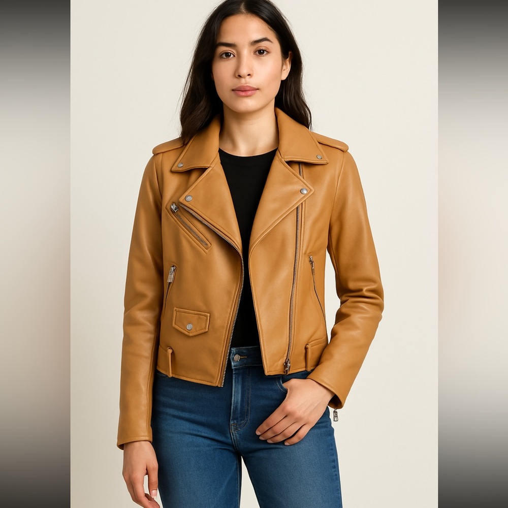 Truth by Republic Tan Faux Leather Moto Jacket Women’s Medium Biker Zip Pockets